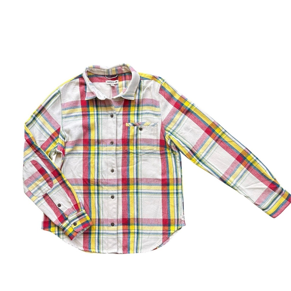 Toad&Co Plaid Flannel Shirt Womens Medium Multicolor Elbow Patches Excellent